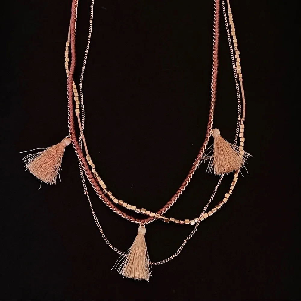 Tasseled Tassel Beaded Statement Multi Layer Boho Necklace in Rose Gold